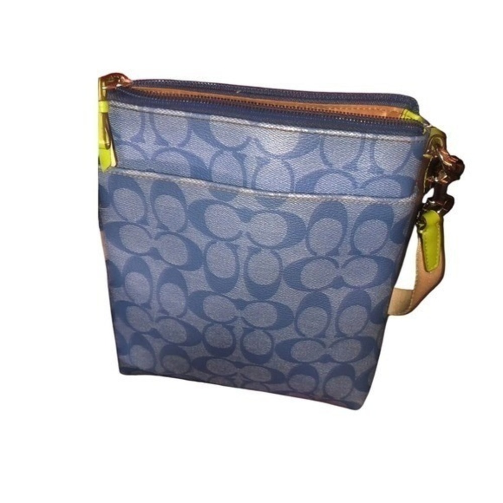 Coach North South Swingpack Crossbody‎ Blue Signature Monogram Lime Green Stripe - Picture 5 of 5
